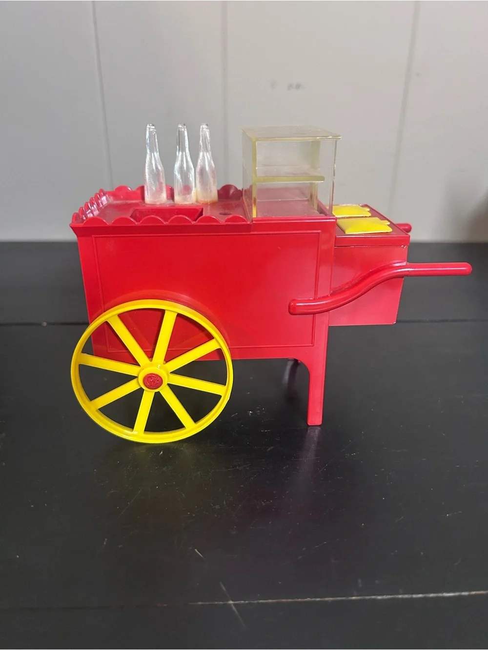 Red and Yellow Toy Food Cart - Hot Dogs, Ice Cream & Soda